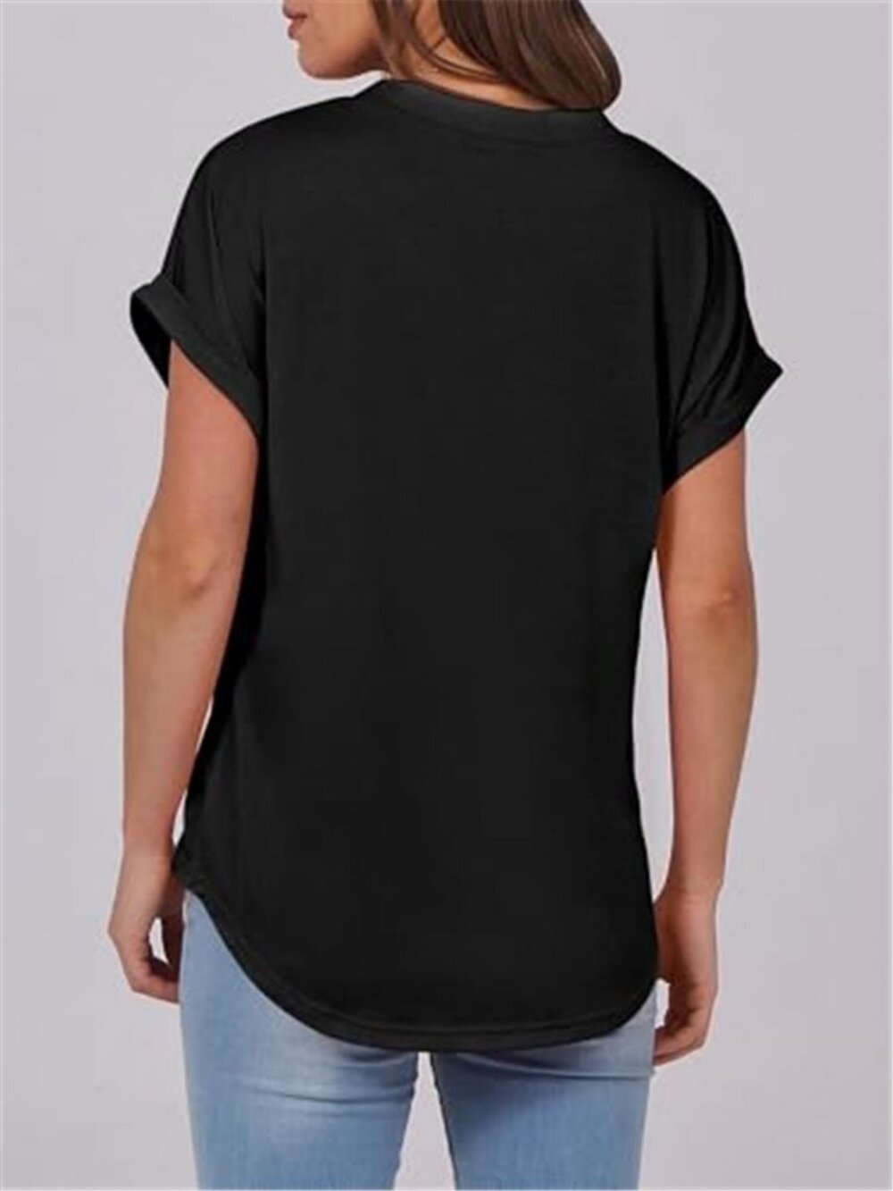 Womens Henley Top Black Short Sleeve V Neck Casual Blouse Summer Tee Shirt - Picture 5 of 6